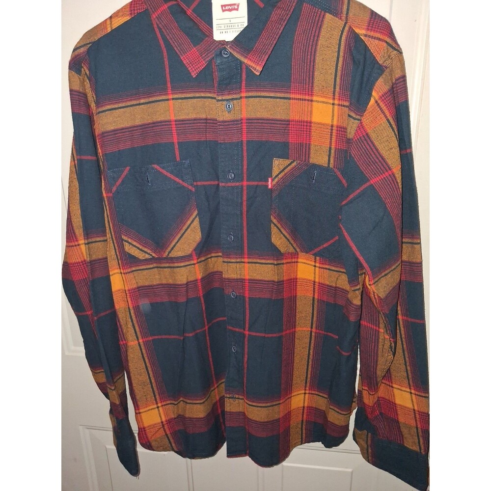 Levi’s Plaid Flannel Shirt Mens L Red Black Orange Button Up Long Sleeve Western